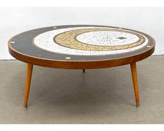Lot 627 Mid Century Modern Mosaic Tile Coffee Table. Assorted glazed tiles in dramatic design. Wood Frame an