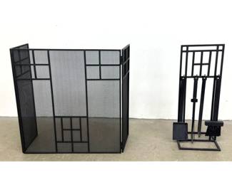 Lot 374 5pc Mission Style Black Finished Metal Fireplace Screen and Matching Tool Set. Frank Lloyd Wright i
