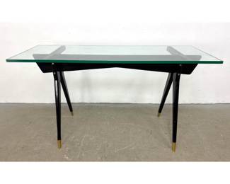 Lot 377 Ebonized Wood Console Table with Glass Top and Brass Accents. Ico Parisi Style Design. 