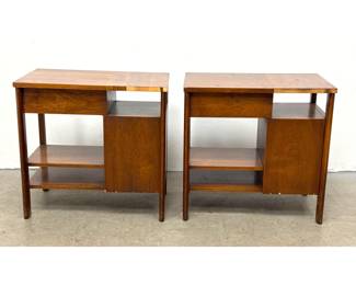 Lot 413 Pr JOHN WIDDICOMB Mid Century Modern Walnut Night Stands. Architectural. Asymmetrical. Marked. 