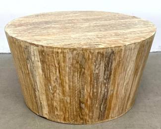 Lot 640 Rustic Wood Round Tapered Drum Coffee Table with Whitewashed Finish