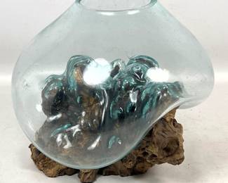 Lot 223 Hand blown molten art glass bowl slumped over natural wood root base sculptural terrarium vessel