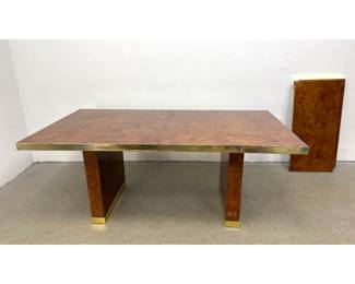 Lot 157 Pierre Cardin Burl Wood and Brass Extension Pedestal Dining Table with 1 Extension Leaf