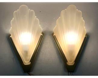 Lot 329 Pr Art Deco Style Frosted Glass Shell Wall Sconces. Brass Toned Metal Wall Mounts. 