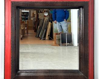 Lot 580 HOWARD ELLIOT Faux Reptile Skin Square Wall Mirror. Multi layer frame consists of red faux leather a