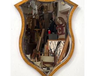 Lot 112 Howard Elliott Collection Shield Shaped Gilt Metal Wall Mirror with Beveled Glass and Distressed Gil