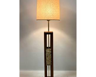 Lot 561 Mid Century Modern Walnut, Brass Floor Lamp. Tall Walnut Base has Applied Small PebbleRock Panels t