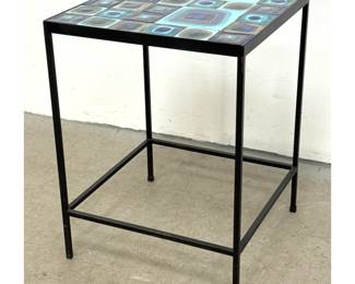 Lot 121 Mid Century Modern Tiled Top Iron Side Table. Blue Concentric Square Motif Glaze Ceramic Tiles. Blac