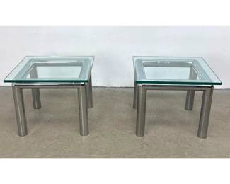 Lot 319 Pr Modernist Square Side Tables Heavy Gauge Tubular Chrome Frames Clear Inset Glass Tops Unsigned