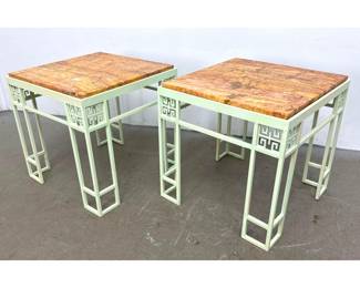Lot 391 Pair Chinoiserie Style Pale Green Painted Iron and Travertine Stone Top Square Side Tables