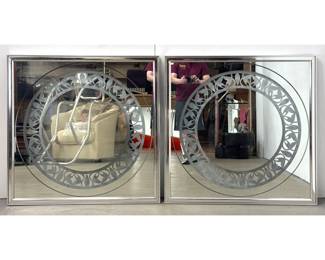 Lot 293 Pair Vanguard Studios Mid Century Modern Square Chrome Wall Mirrors with Etched Circular Foliate Des