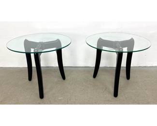 Lot 127 Pair Postmodern Style Black Finished Wood and Glass Tripod Side Tables. Bases are reversible dependi