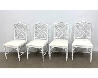 Lot 433 4pc Set of Hollywood Regency style faux bamboo side chairs with Chinese Chippendale fretwork and whi