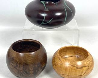 Lot 32 3pc lot of Chris Zema Hand Turned Wood Vessels including Manzanita Burl with Turquoise Inlay and Spa