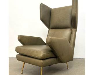 Lot 541 Contemporary Ponti Style Modernist Wingback Lounge Chair in Olive Green Leather with Brass Tapered L