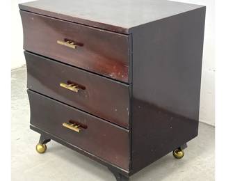 Lot 330 Mid Century Modern 3 Drawer Chest side Cabinet on casters.