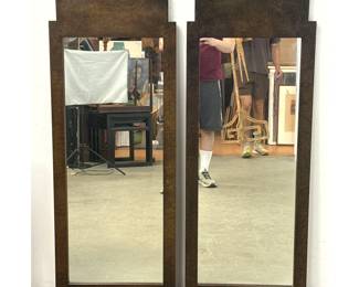 Lot 187 Pr Stroupe Art Deco Style Burl Wood Veneer Wall Mirrors. Architectural arched top.