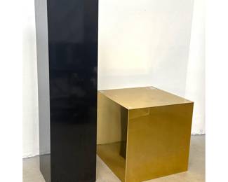 Lot 415 2pcs Vintage Black Laminate Sculpture Pedestal Stand and Gold Anodized Storage Cube Box