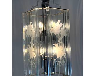 Lot 333 Vintage Fredrick Ramond Art Deco Revival Chrome and Etched Glass Lantern Pendant Chandelier. Etched 