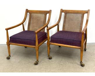 Lot 387 Pair of MidCentury Modern Cane Back Lounge Armchairs on Brass Hooded Casters with Purple Upholstery