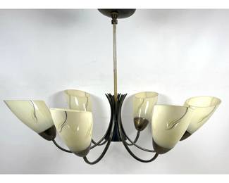 Lot 153 Mid Century Modern 6 Light Brass and Glass Chandelier with Abstract Painted Shades