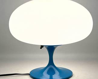 Lot 367 DESIGNLINE Blue Enameled Base Glass Mushroom Shade Table Lamp. Paper Label. StemLite. Contemporary L