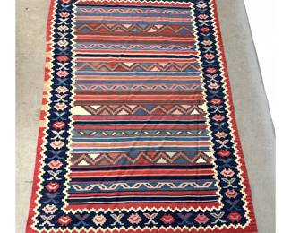 Lot 215 5 9.5 X 9 1 Hand woven Anatolian style geometric Kilim rug with multi banded field and wide navy bl