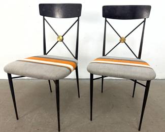 Lot 386 Pair of MidCentury Modern Side Chairs. Regency style Metal and Wood with Brass Medallions. Unsigne