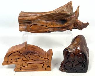 Lot 35 3pc Lot Hand Carved Wood Puzzle and Trinket Boxes with Burl Wood Dolphin and Natural Form Log Design