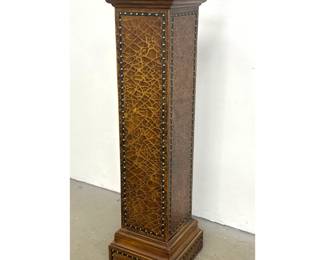 Lot 563 Contemporary Tall Square Wood and Faux Crocodile Skin Pedestal with Brass Nail head Trim