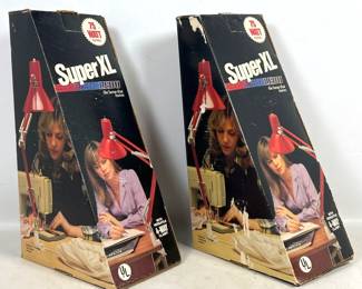 Lot 284 Pair Ledu Super XL Articulated Arm Task Lamps with 4 Way Clamps in Original Boxes. Model XL 334X.