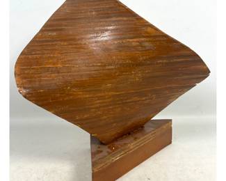 Lot 31 Modernist Laminated Wood Abstract Geometric Sculpture on Triangular Plinth. Unsigned. Biomorphic sta