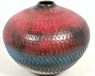 Lot 57 Large Lee Hazelgrove Studio Pottery Chattered Glaze Spherical Vase. Signed.