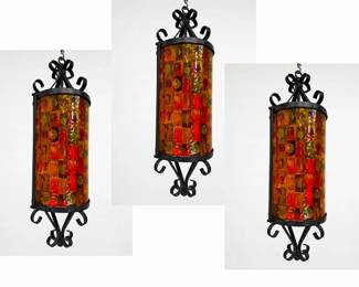 Lot 288 Set 3 Mid Century Modern Spanish Mediterranean Style Wrought Iron and Dalle de Verre Faceted Glass P