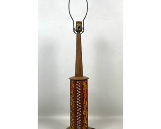Lot 183 Mid Century Modern Ceramic Hexagonal Column Lamp. Applied Decorative Glazes. Wood Stem, Cap and Base