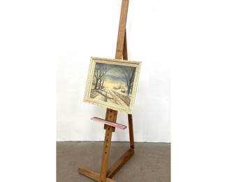 Lot 499 Vintage Weber Wooden Artist easel. Includes small winter landscape.