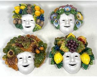 Lot 190 4 Vintage Italian Majolica Glazed Ceramic Wall Masks, Italy