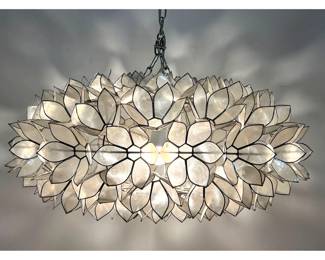 Lot 108 Large Capiz Shell Multi Lotus Blossom Chandelier with Chrome Plated Mounting Chain