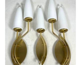 Lot 327 3pc MidCentury Modern Gilt Metal and Opaline Glass Leaf Motif Wall Sconces