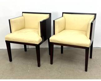 Lot 100 Pr Art Deco style dark stained hardwood Lounge Chairs. Cream leather upholstery. Tall Upholstered Ar