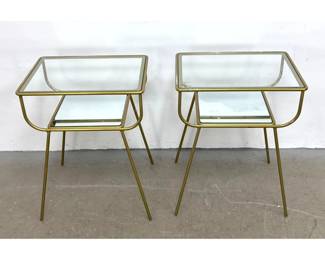 Lot 544 Pair Brass and Glass Side End Tables Contemporary. Brass finish, glass tops, lower shelf, Hollywood 