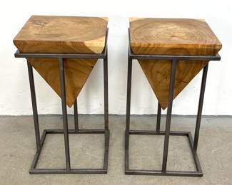 Lot 98 Pair Modern Side Table pedestal Stands. Industrial Style Inverted Pyramid Hardwood Side Tables on Sq
