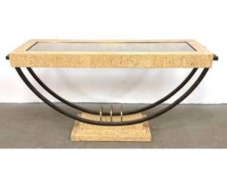 Lot 582 Postmodern Fossil Stone and Mixed Metal Demi Lune Console Table with Beveled Glass Top and Brass Acc