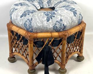 Lot 140 MACKENZIE CHILDS Bamboo Rattan Upholstered Seat Stool. Foot Stool. Lattice woven Rattan Octagonal Ot