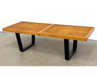 Lot 210 Early Vintage George Nelson Herman Miller Blonde Wood Slat Bench, Label. 