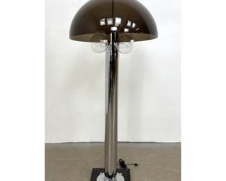 Lot 565 Modernist Design Mushroom Shade Chrome Floor Lamp. Smokes Lucite Dome Shade above Thick Chrome Colum
