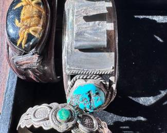 Beautiful, heavy sterling silver, turquoise and coral Native American watch bracelet
