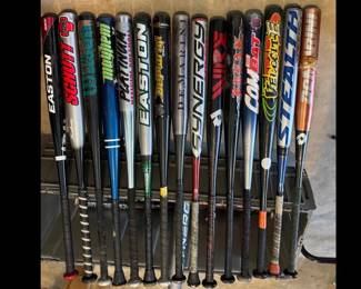 Twenty five aluminum bats and an organizer rack