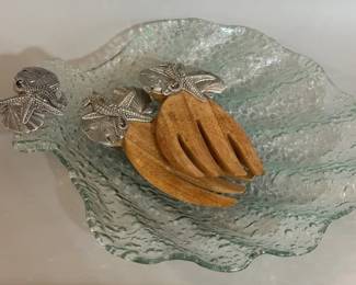 Textured sea shell-shaped glass bowl and wooden salad servers with silver-toned nautical accents