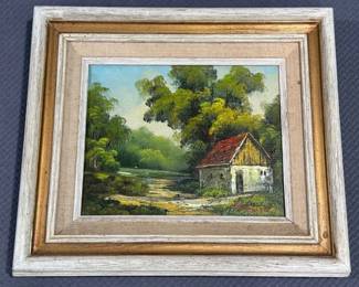 Framed cottage oil painting